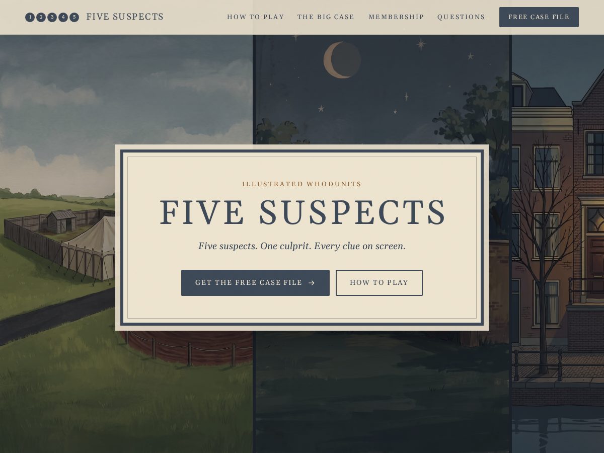 Landing-page snapshot of playfivesuspects.com