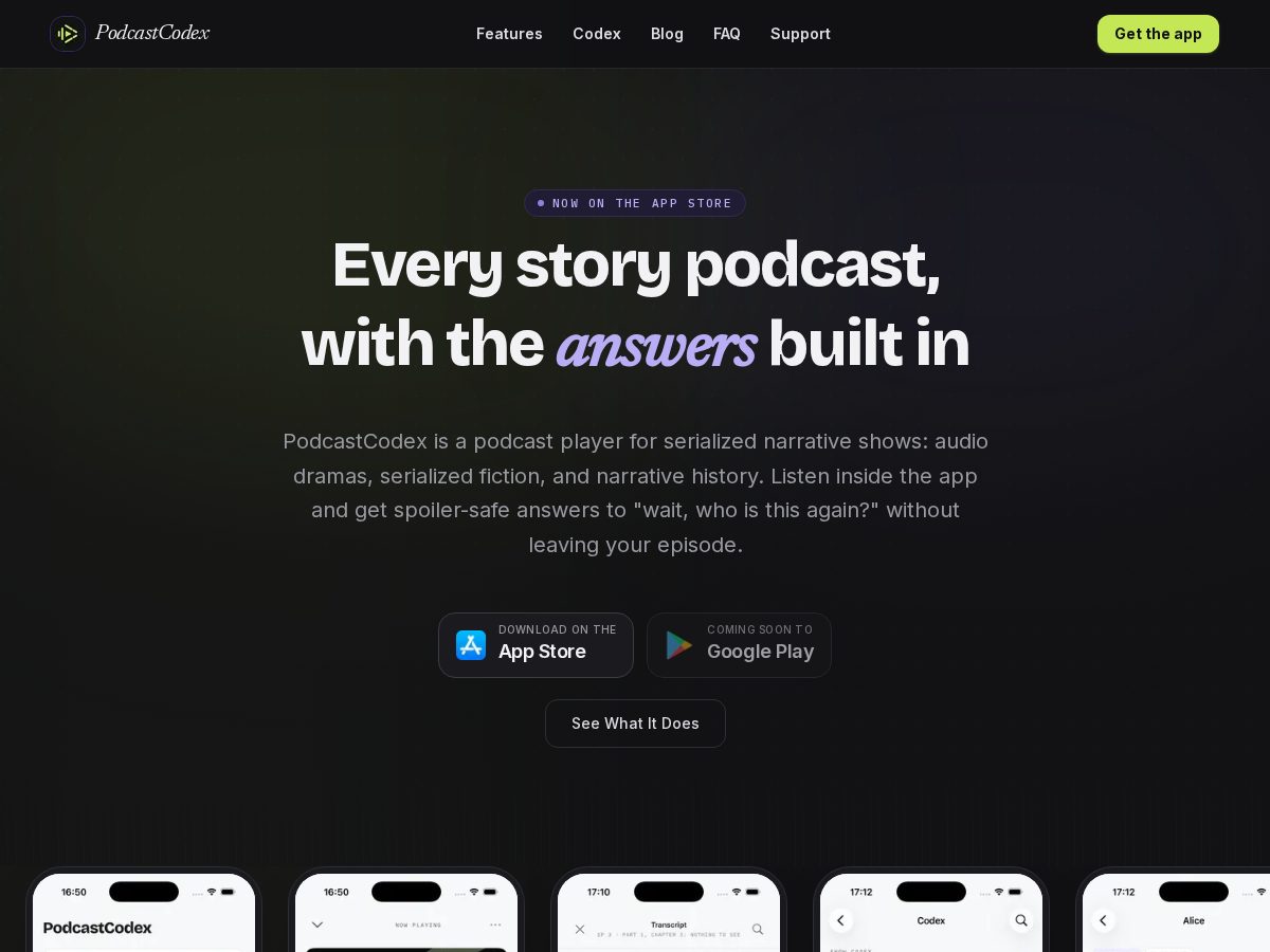 Landing-page snapshot of podcastcodex.app