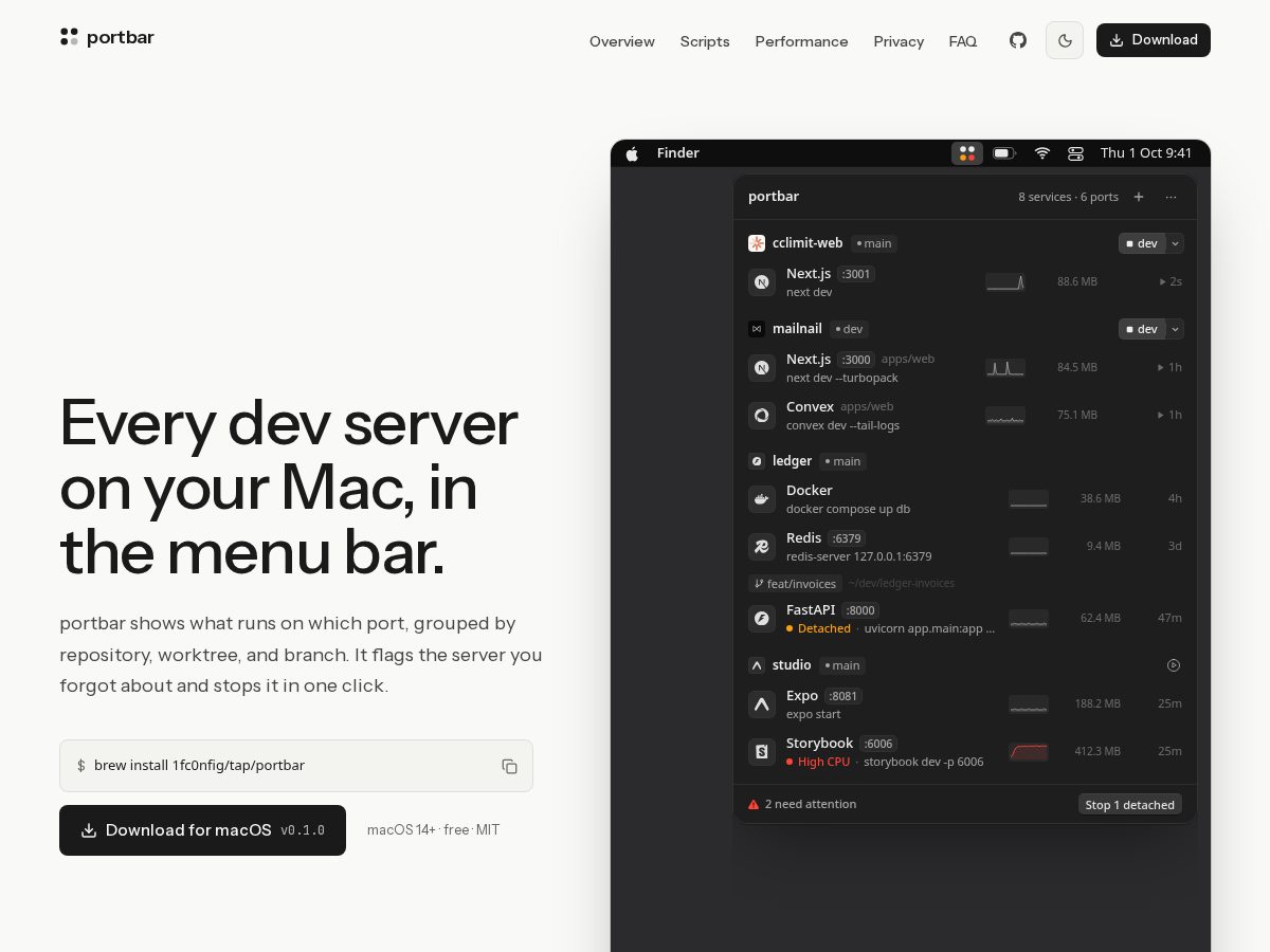 Landing-page snapshot of portbar.app