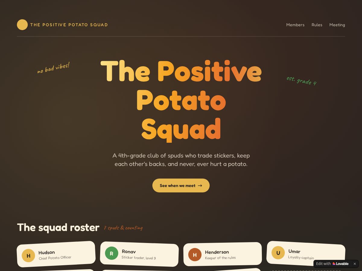 Landing-page snapshot of positivepotatosquad.com