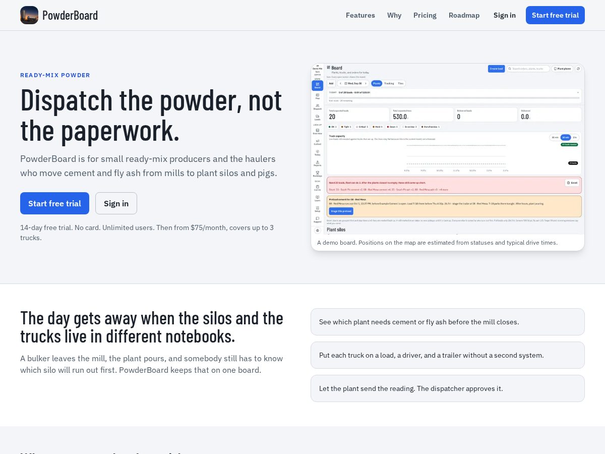 Landing-page snapshot of powderboard.app