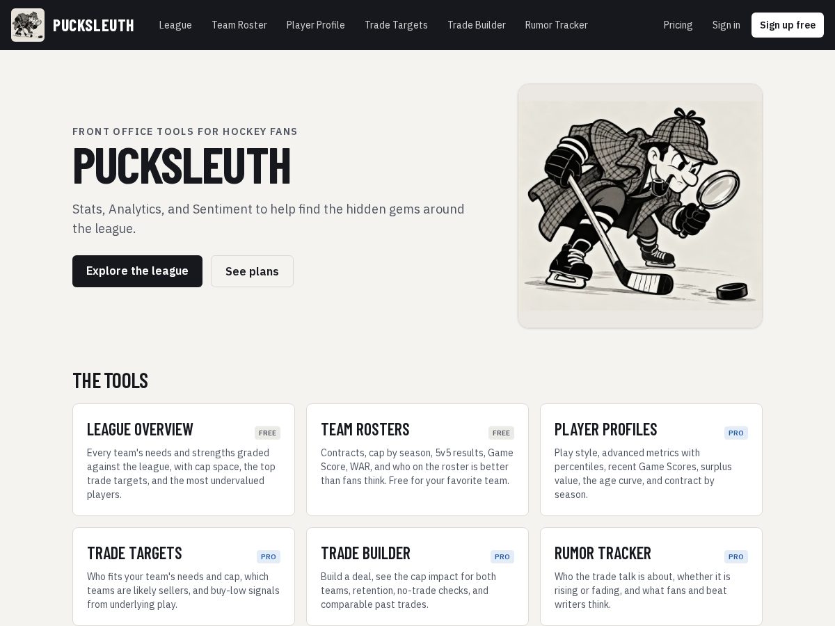 Landing-page snapshot of pucksleuth.com