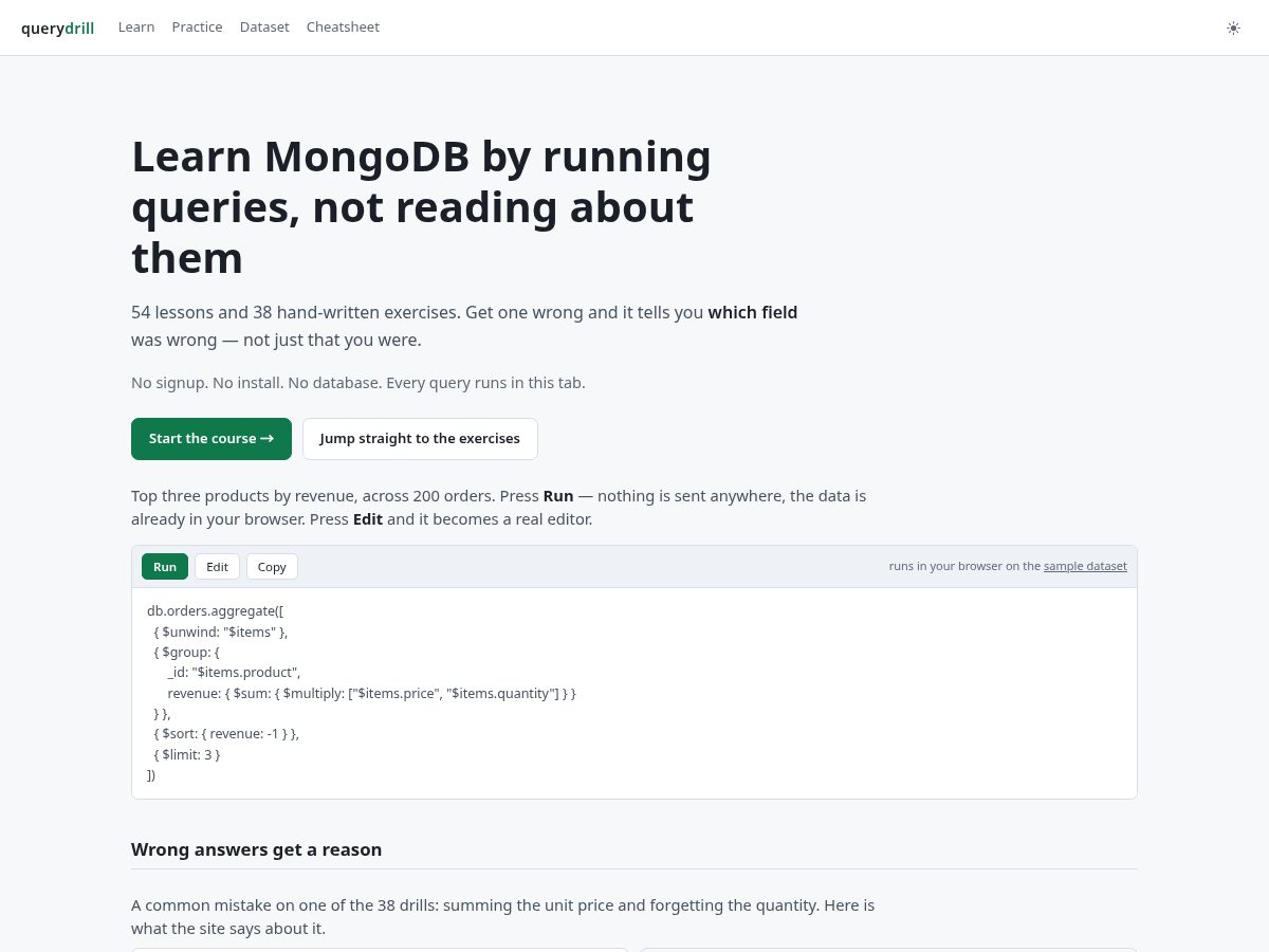 Landing-page snapshot of querydrill.dev