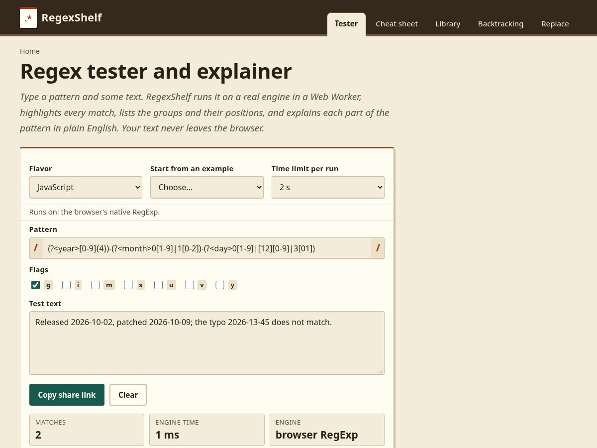 Landing-page snapshot of regexshelf.com