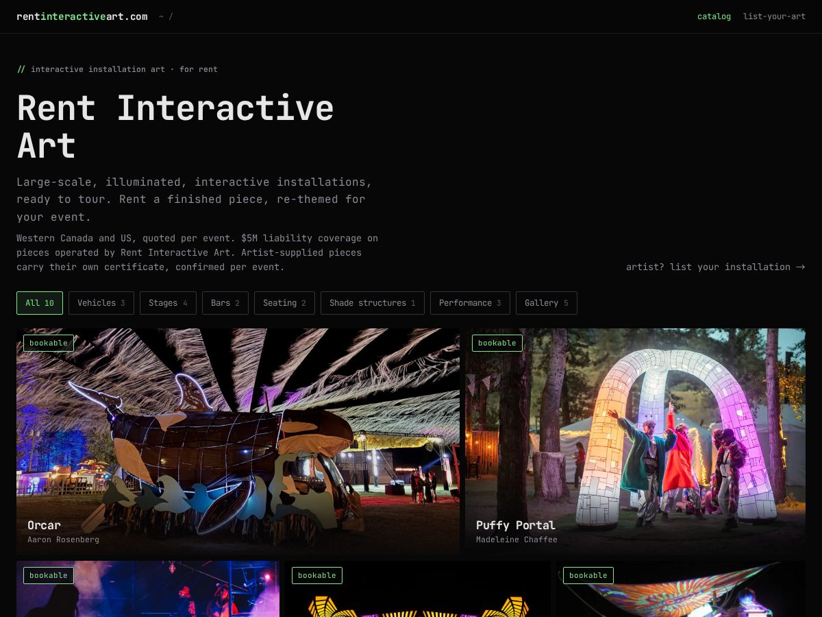 Landing-page snapshot of rentinteractiveart.com