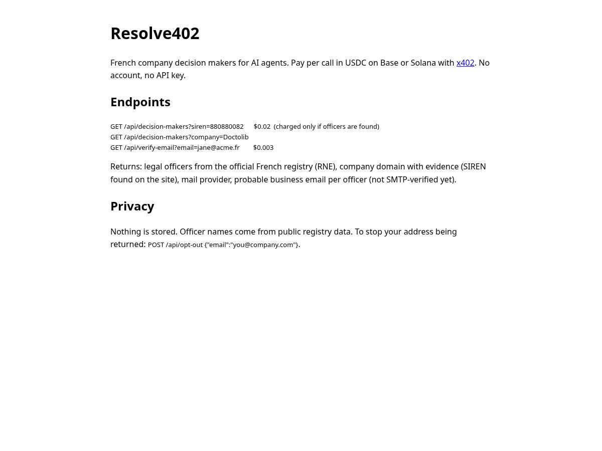 Landing-page snapshot of resolve402.dev