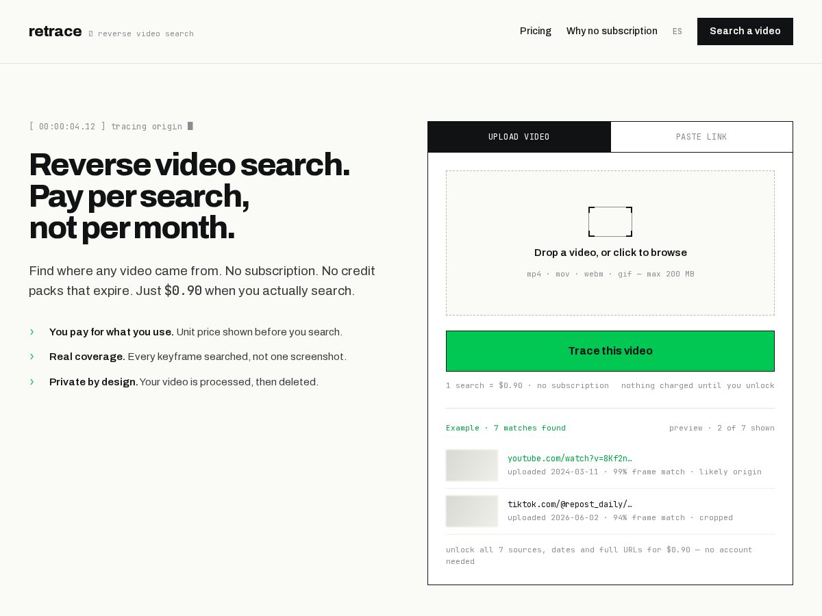 Landing-page snapshot of retrace.video