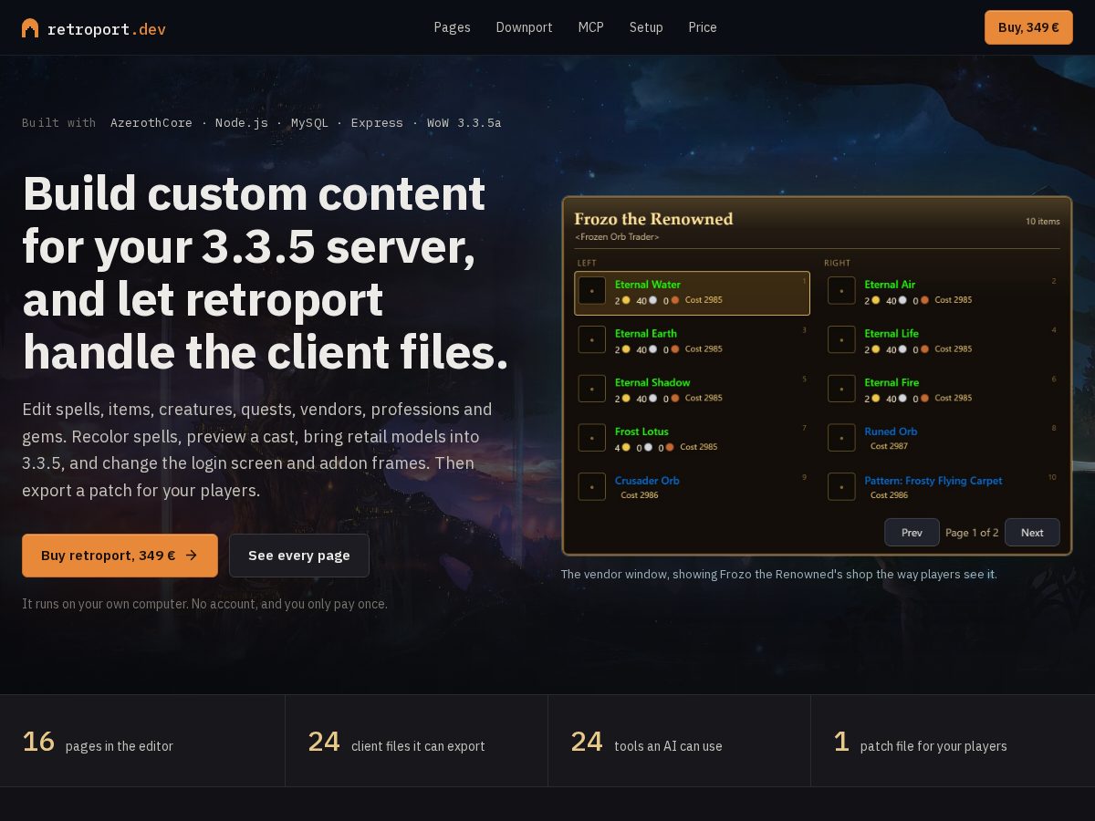 Landing-page snapshot of retroport.dev