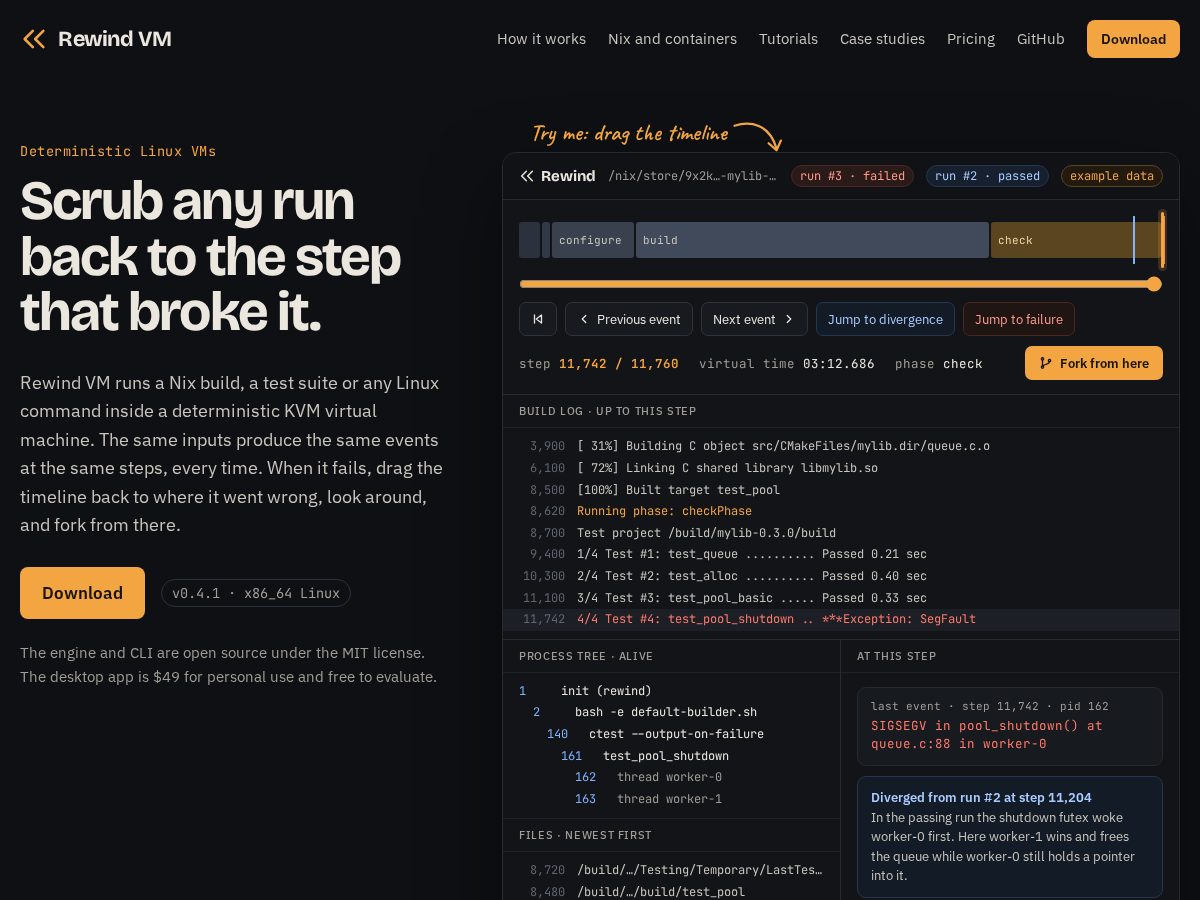 Landing-page snapshot of rewindvm.dev