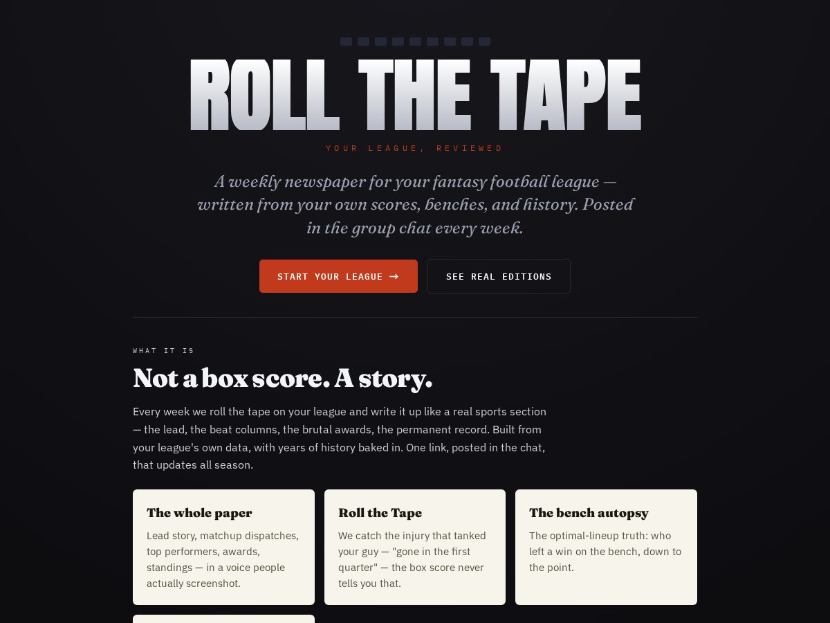 Landing-page snapshot of rollthetape.football