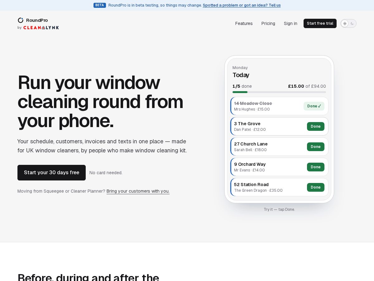 Landing-page snapshot of roundpro.app