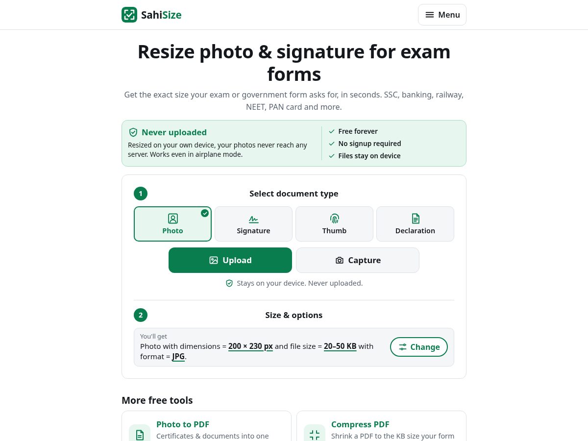 Landing-page snapshot of sahisize.com