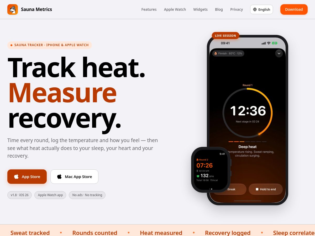 Landing-page snapshot of saunametrics.app