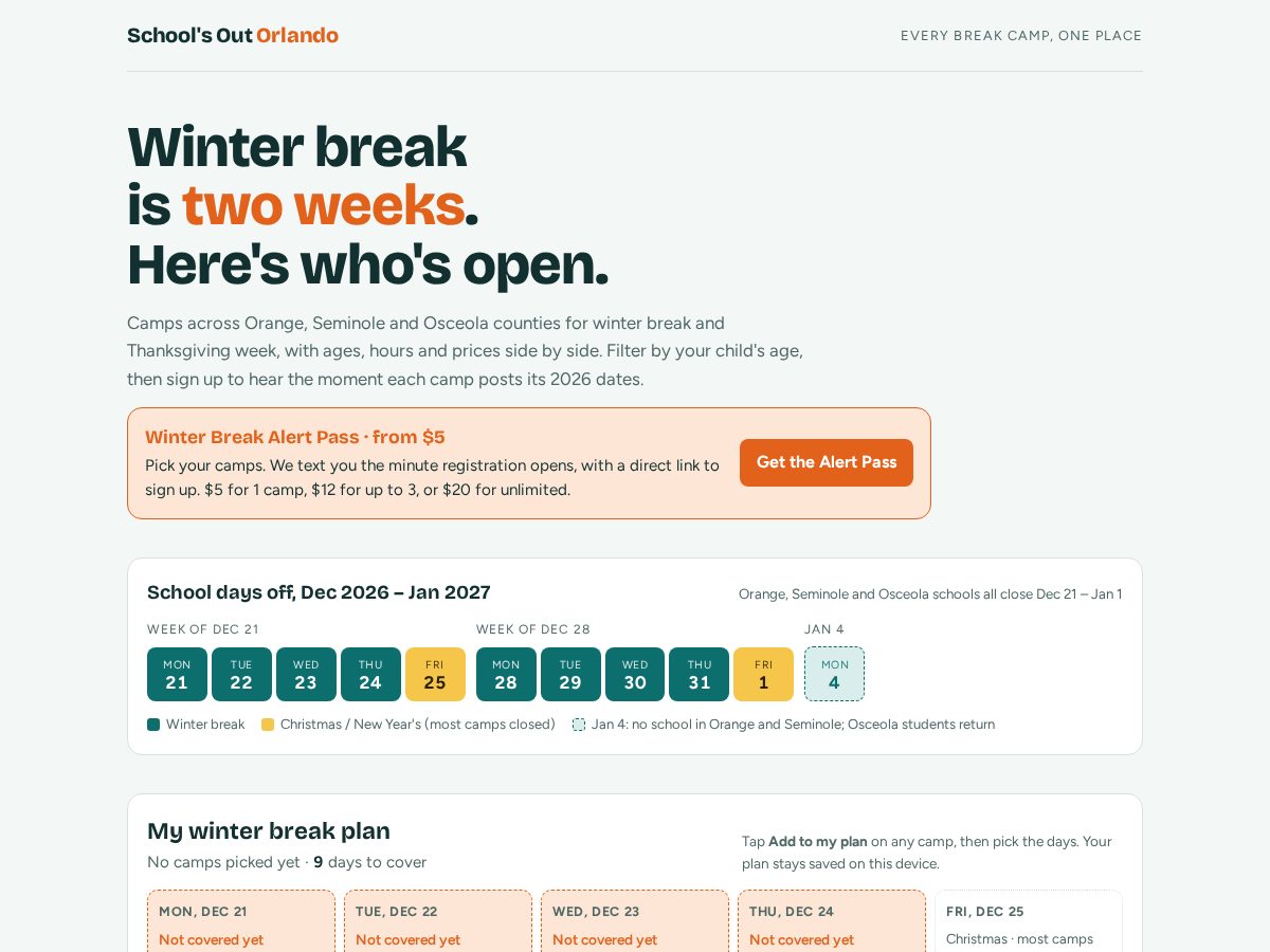 Landing-page snapshot of schoolsoutorlando.com