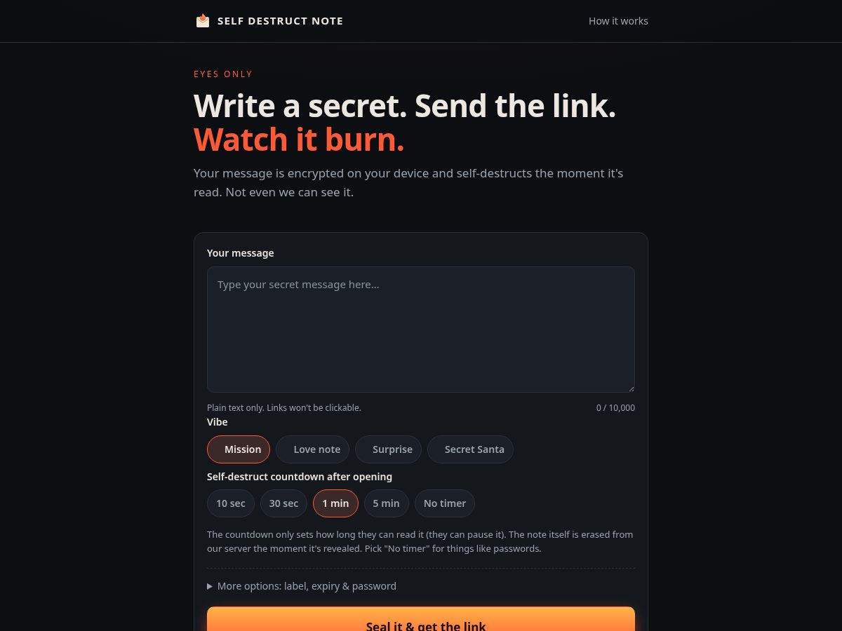 Landing-page snapshot of selfdestructnote.com
