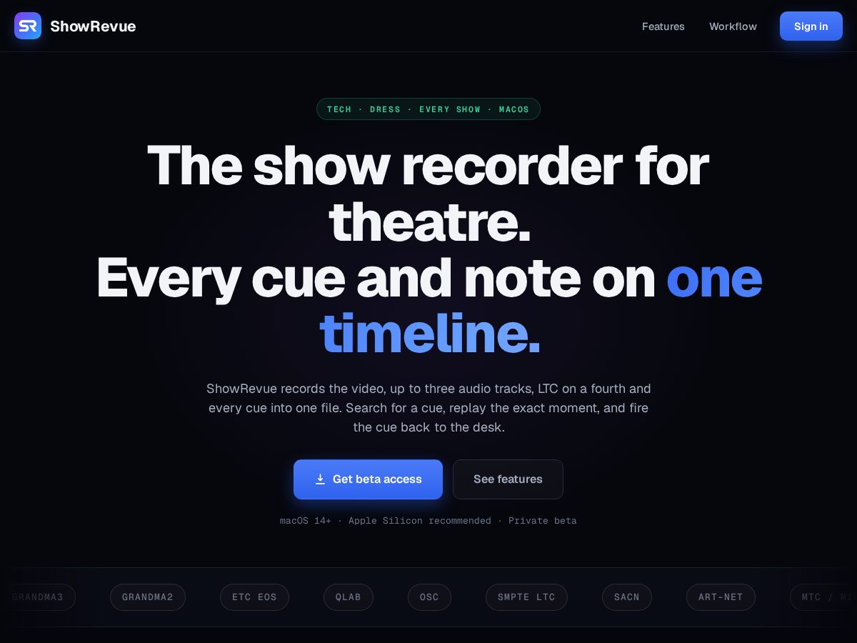 Landing-page snapshot of showrevue.app