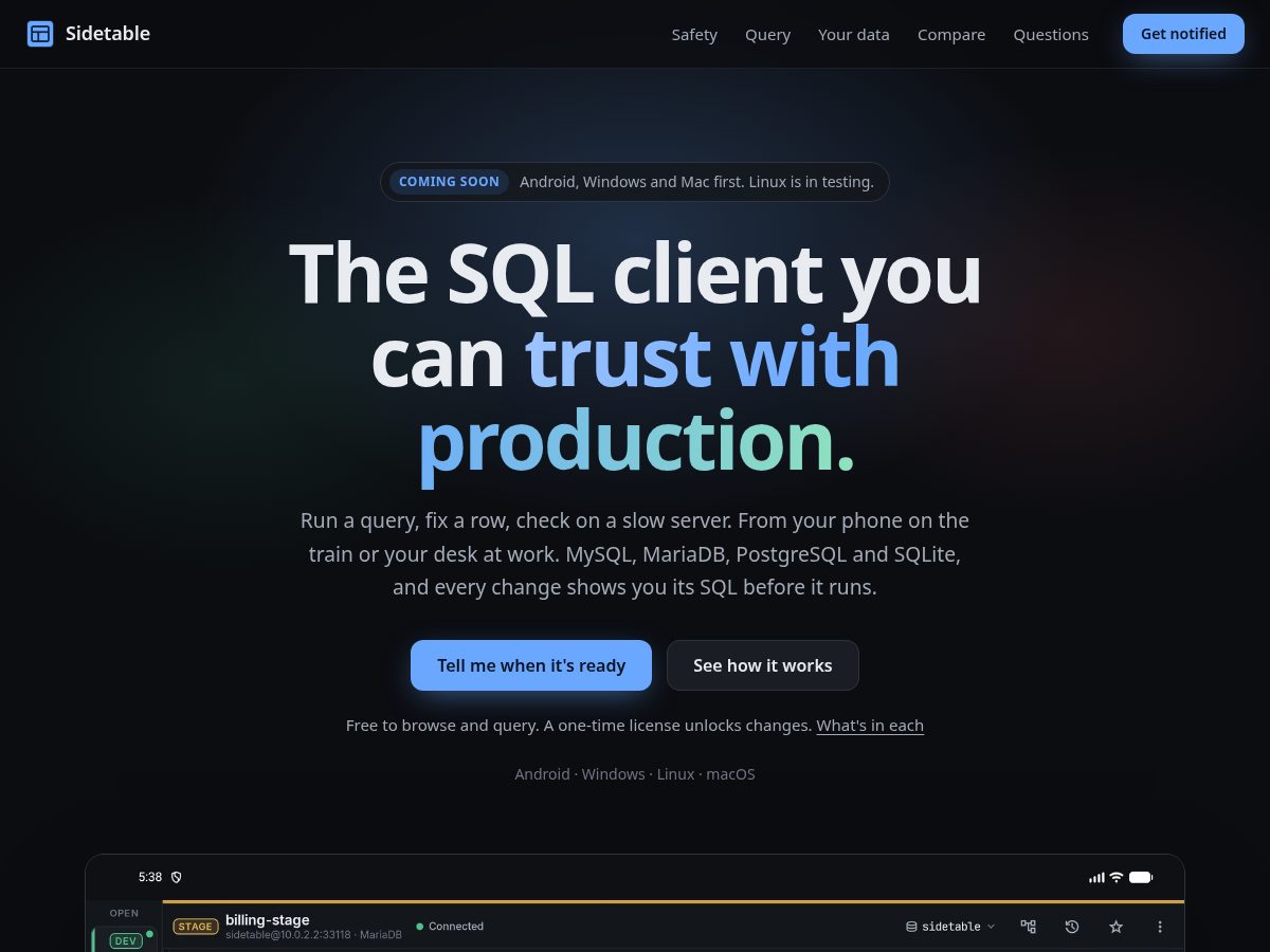 Landing-page snapshot of sidetable.dev