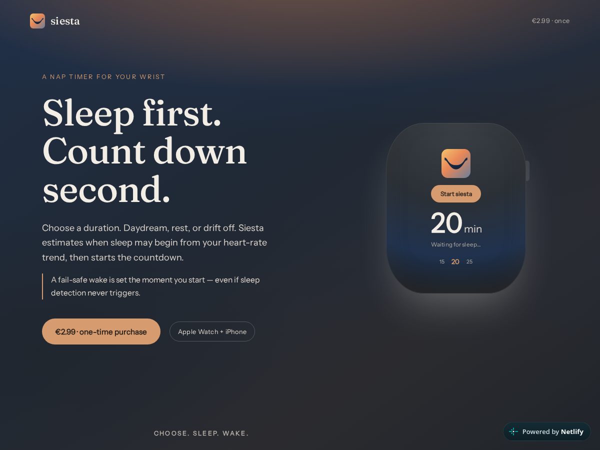 Landing-page snapshot of siestatimer.app