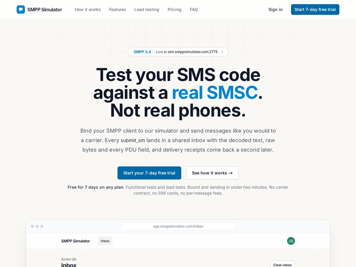 Landing-page snapshot of smppsimulator.com