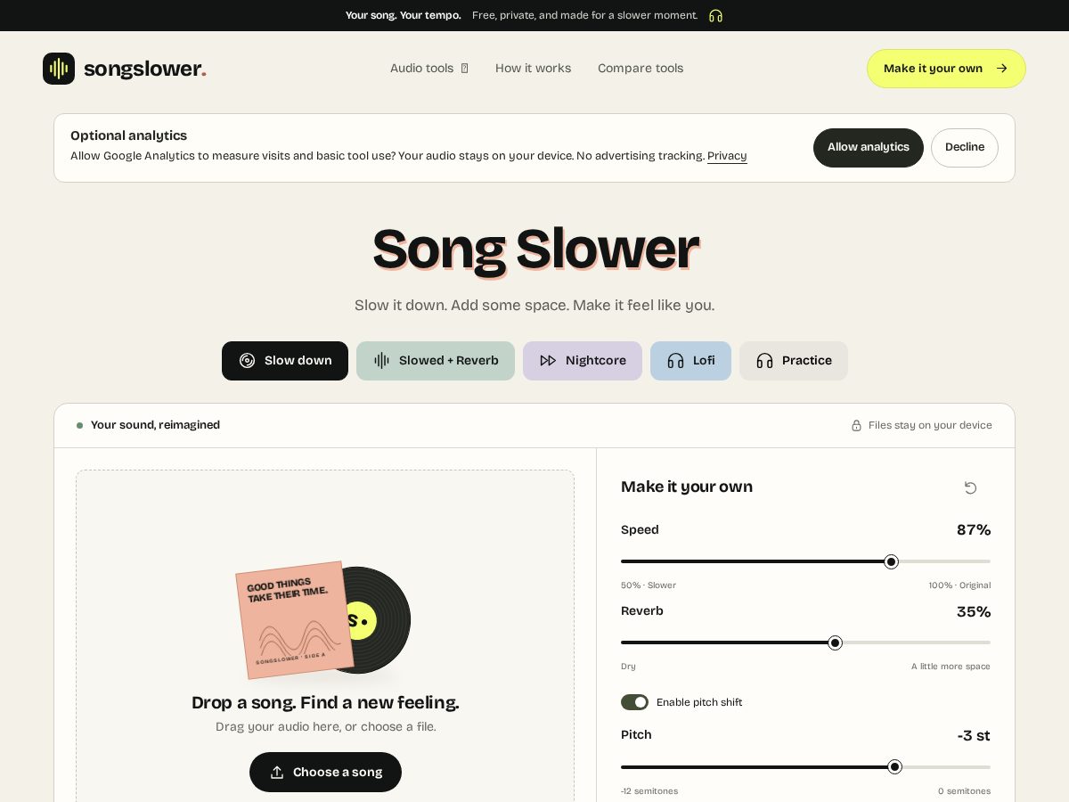 Landing-page snapshot of songslower.com