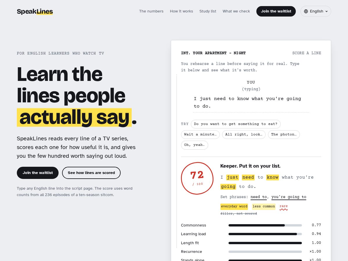 Landing-page snapshot of speaklines.com