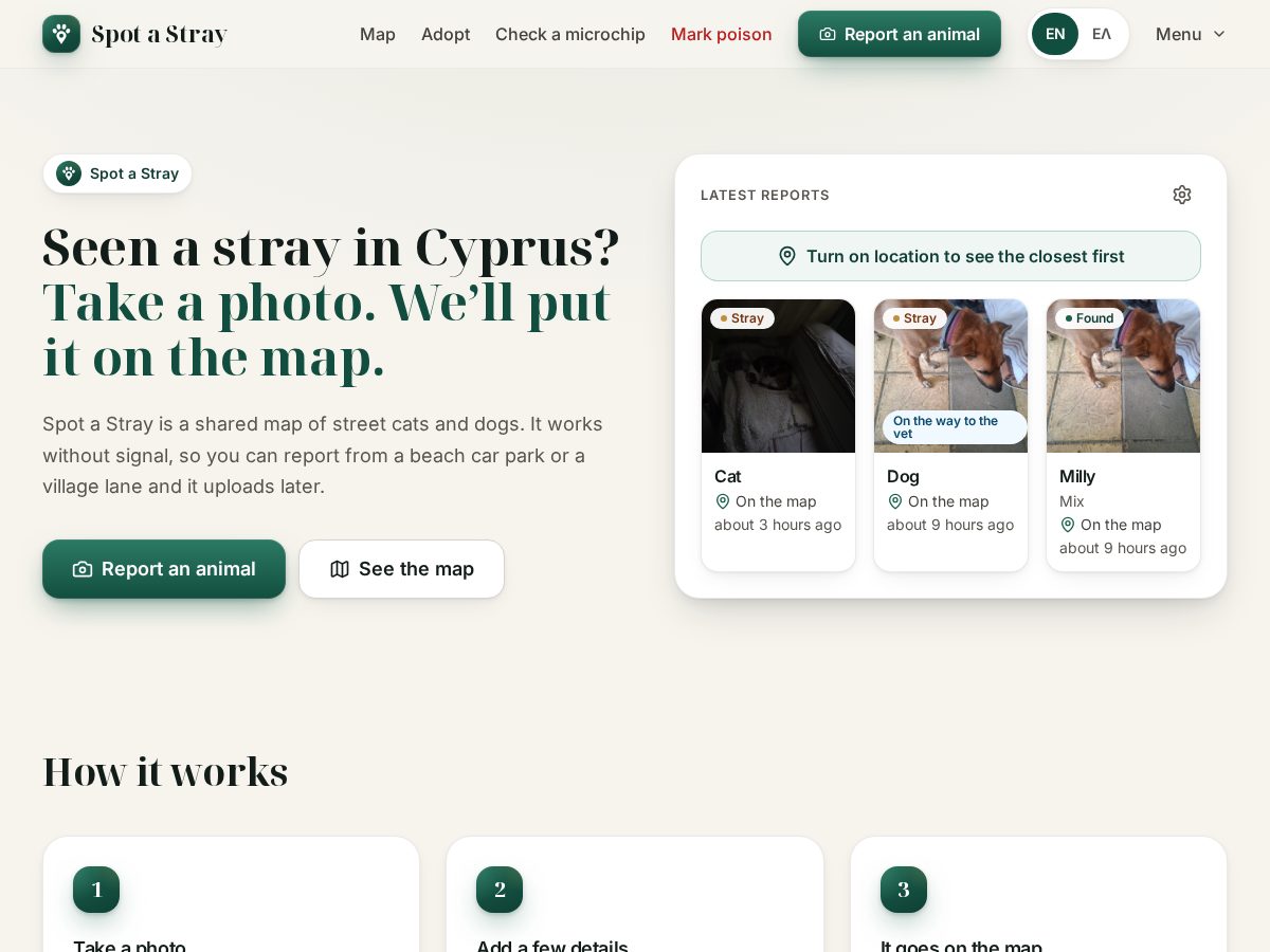 Landing-page snapshot of spotastray.org