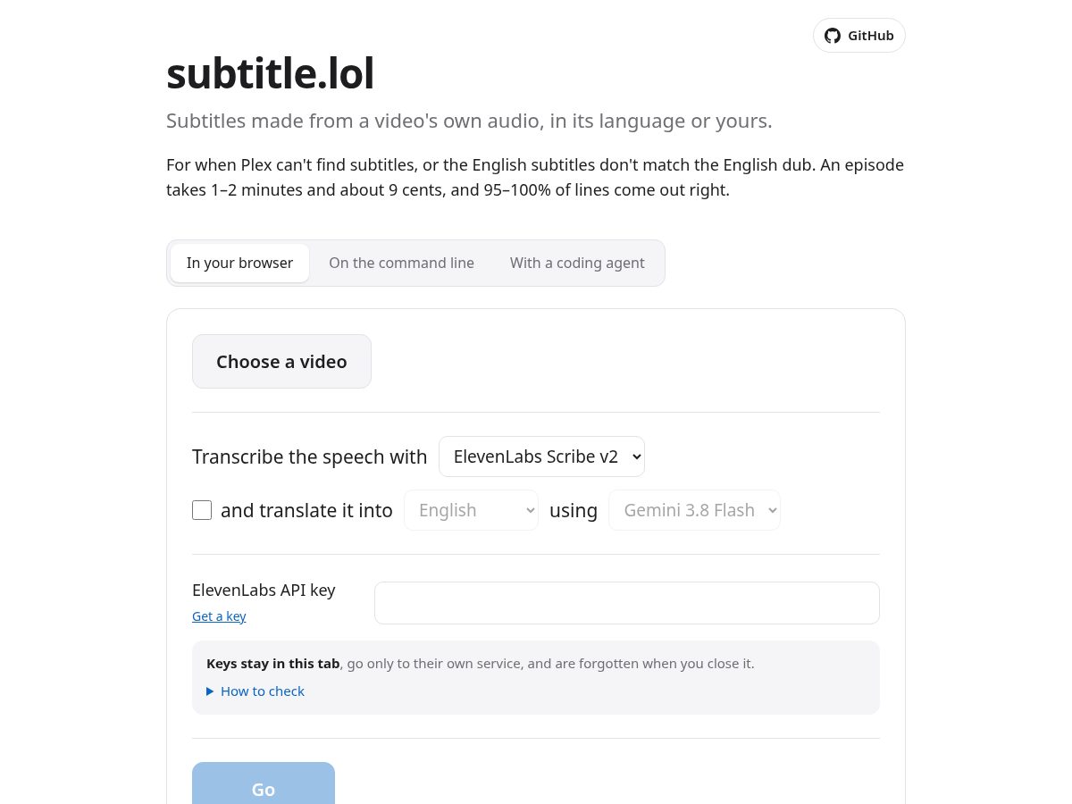 Landing-page snapshot of subtitle.lol