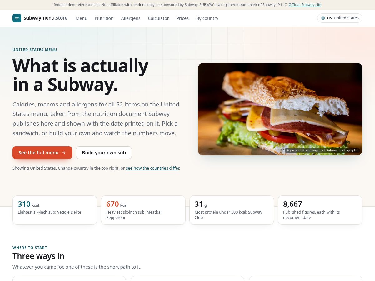 Landing-page snapshot of subwaymenu.store
