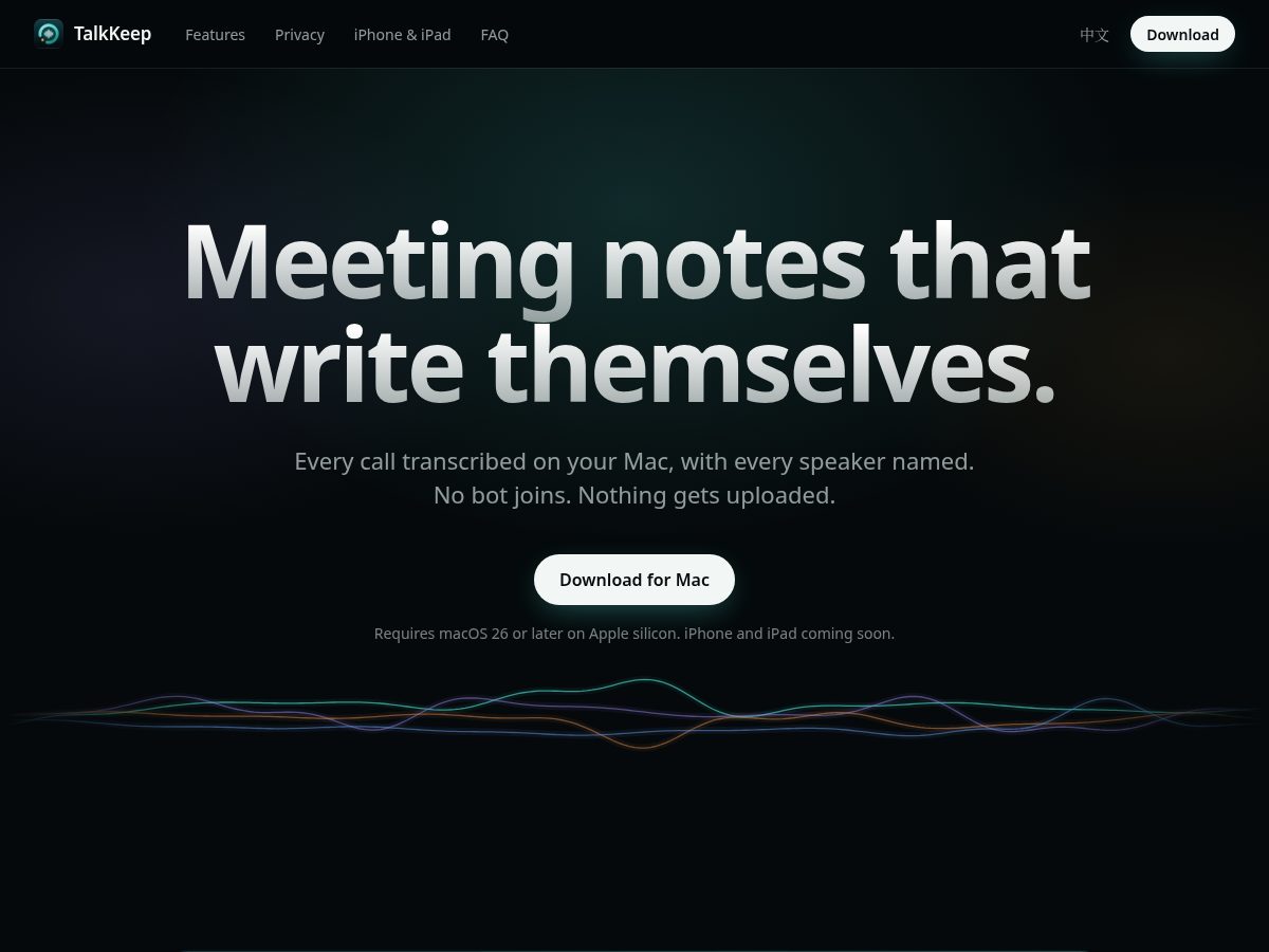 Landing-page snapshot of talkkeep.app