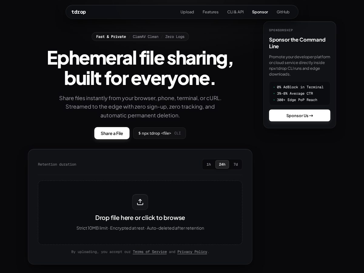 Landing-page snapshot of tdrop.link