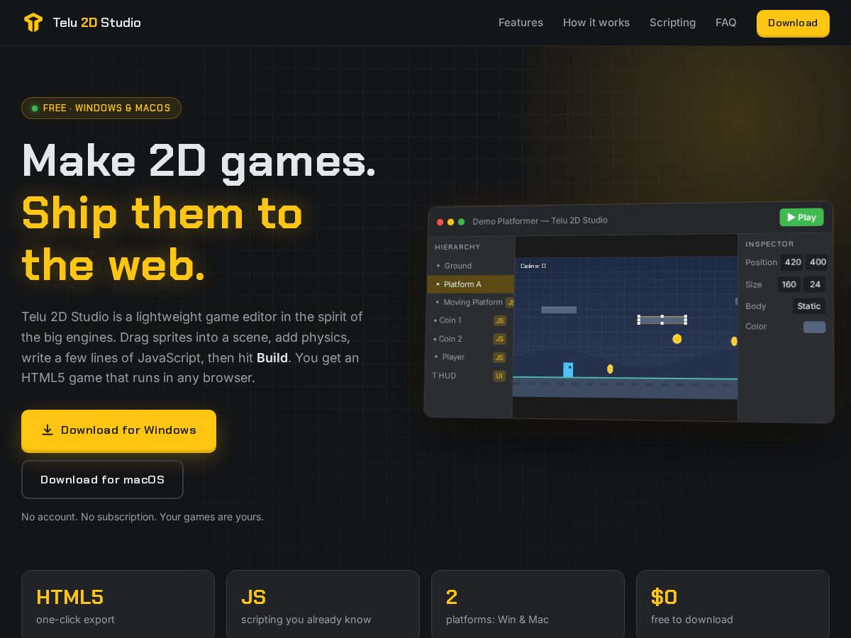 Landing-page snapshot of telu2dstudio.com