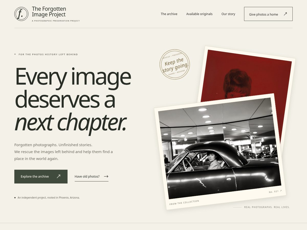 Landing-page snapshot of theforgottenimageproject.com