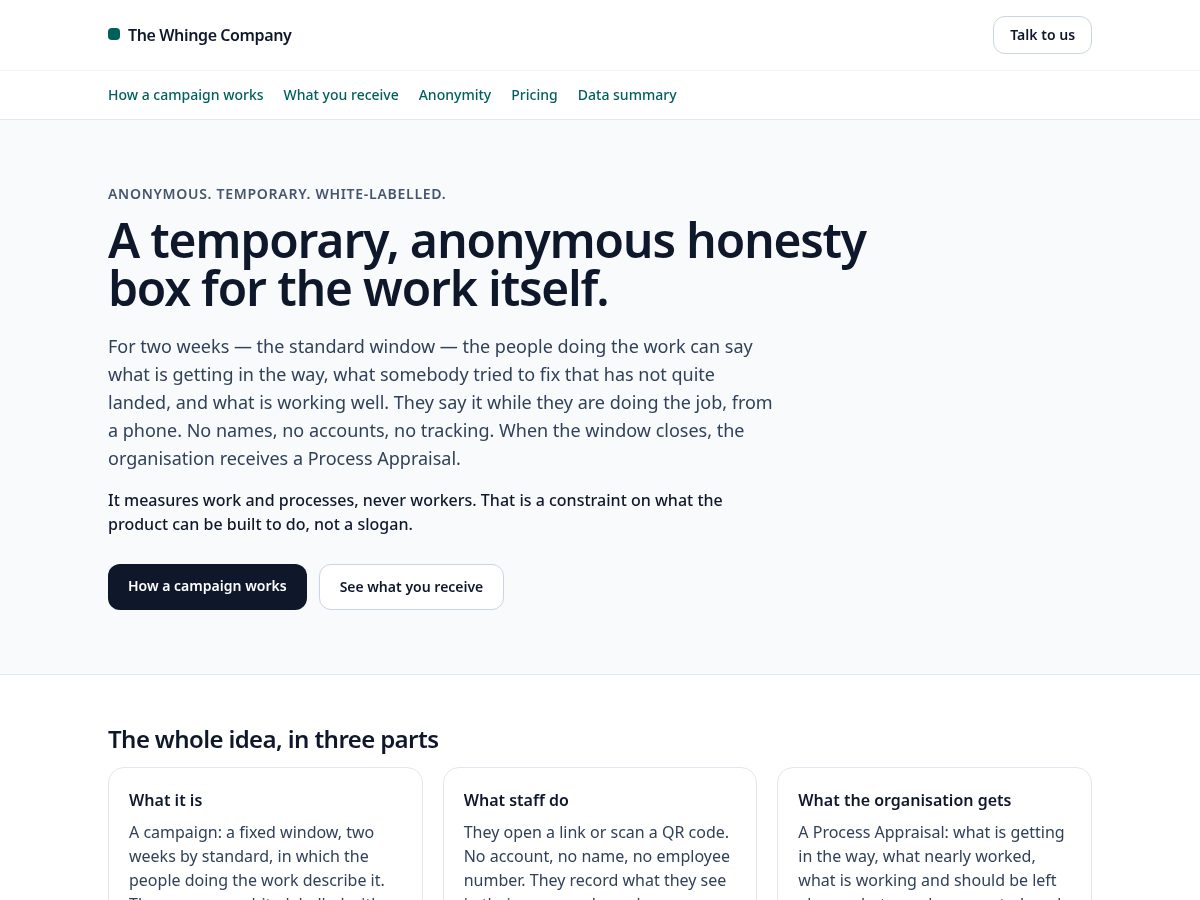 Landing-page snapshot of thewhingecompany.com