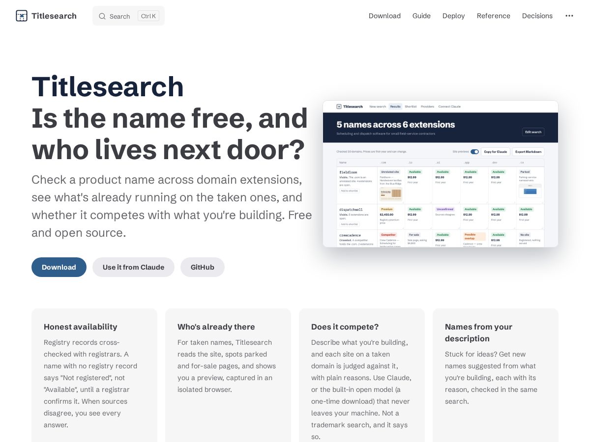 Landing-page snapshot of titlesearch.app