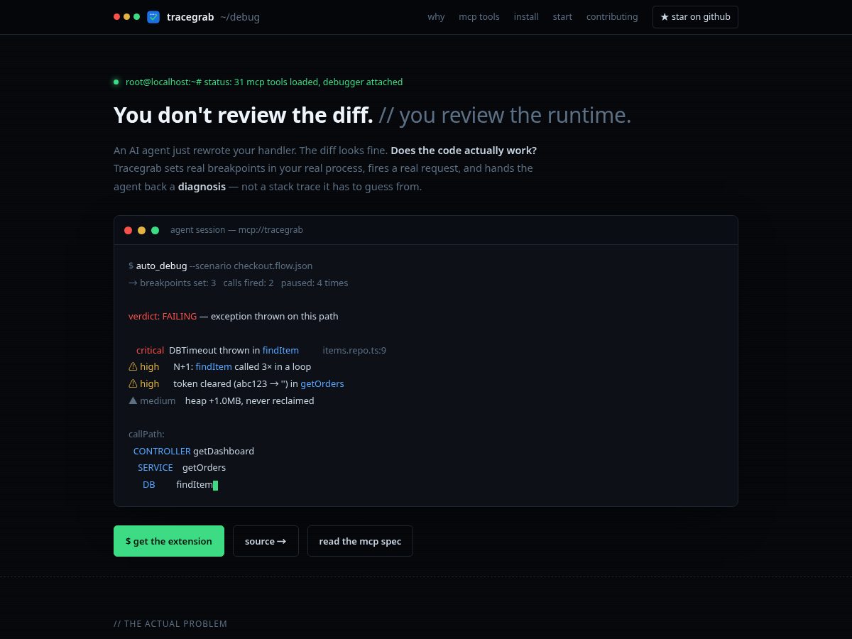 Landing-page snapshot of tracegrab.dev
