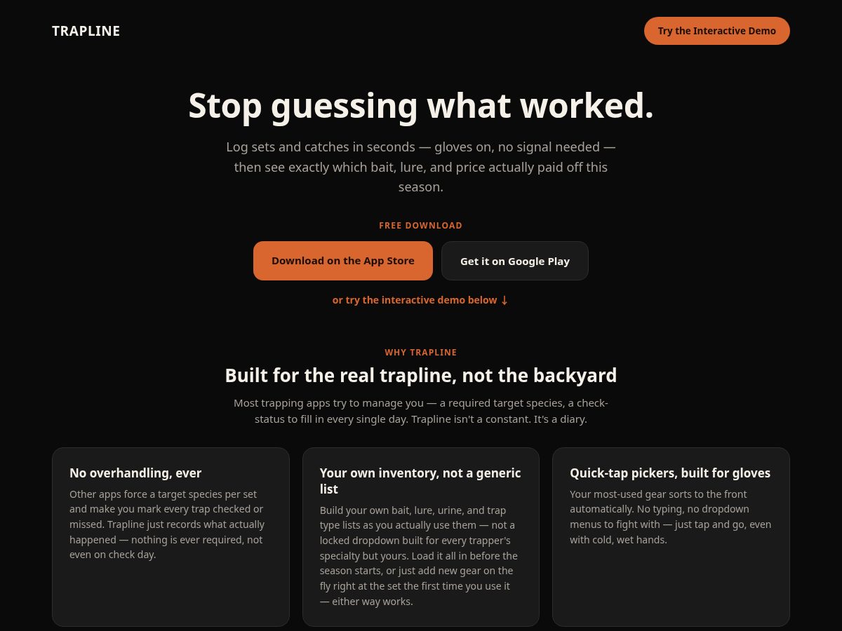 Landing-page snapshot of traplineapp.com