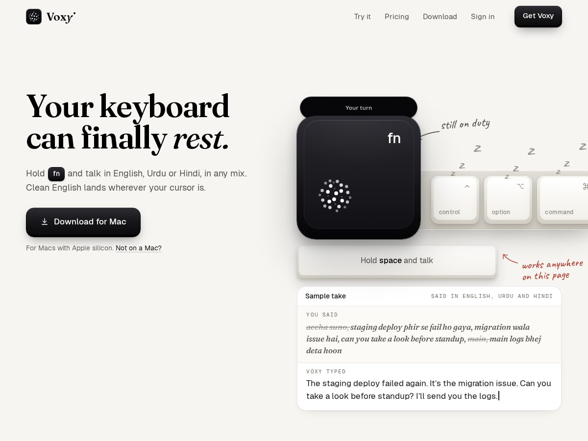 Landing-page snapshot of tryvoxy.com