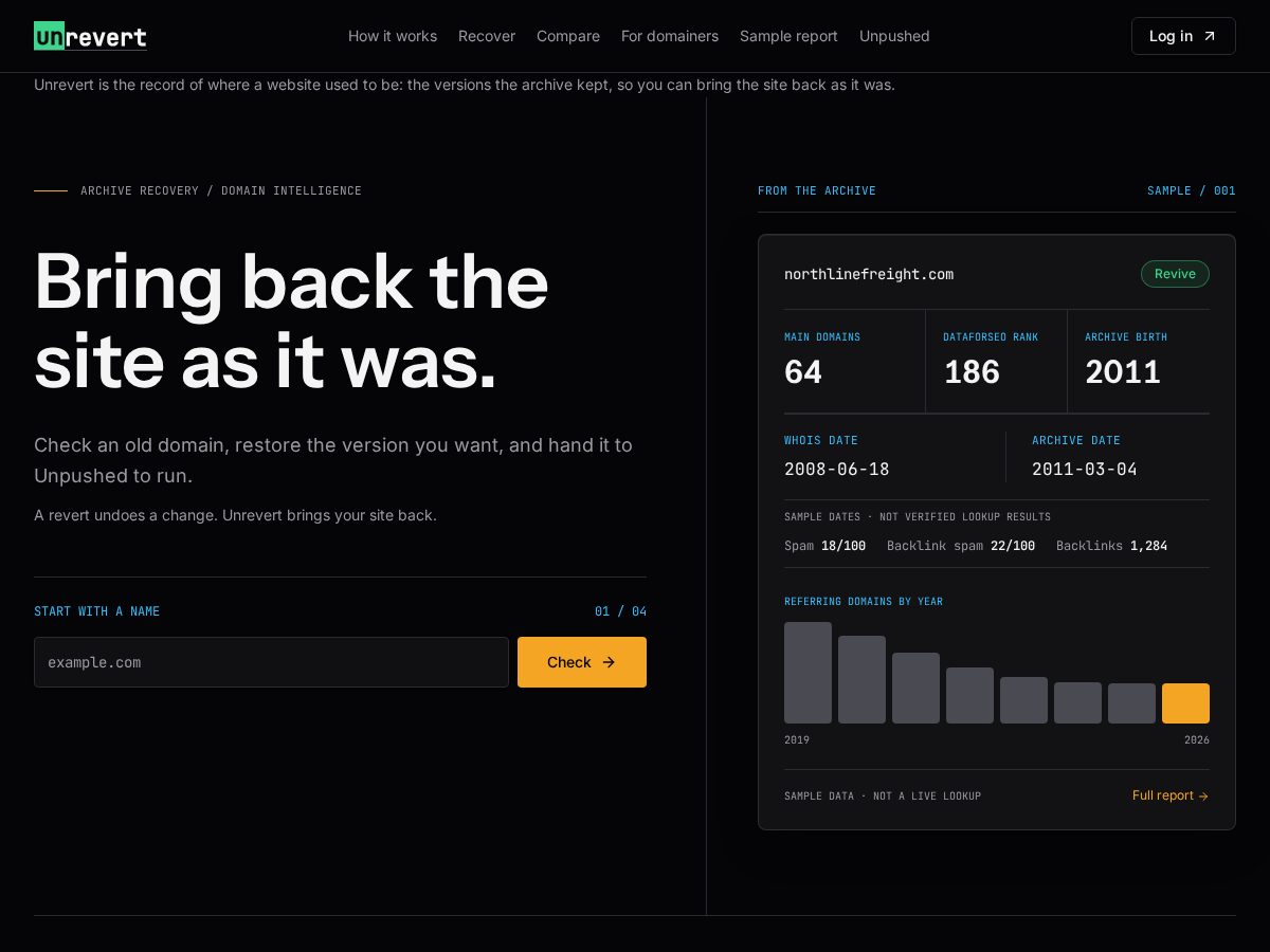 Landing-page snapshot of unrevert.com