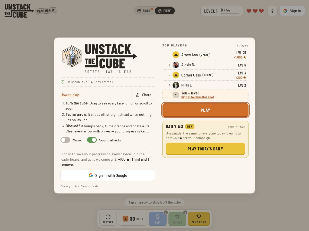 Landing-page snapshot of unstackthecube.com