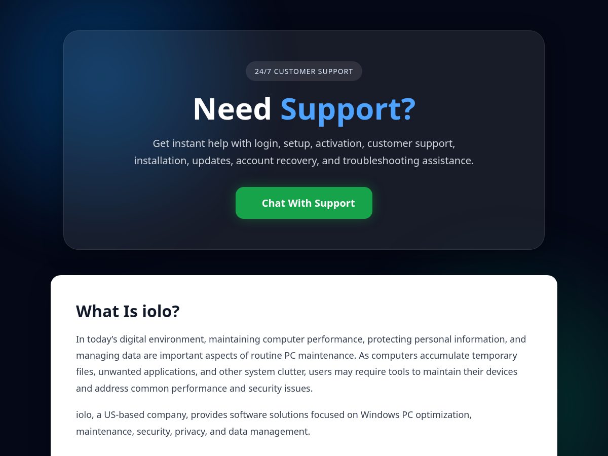 Landing-page snapshot of us-iolo.support