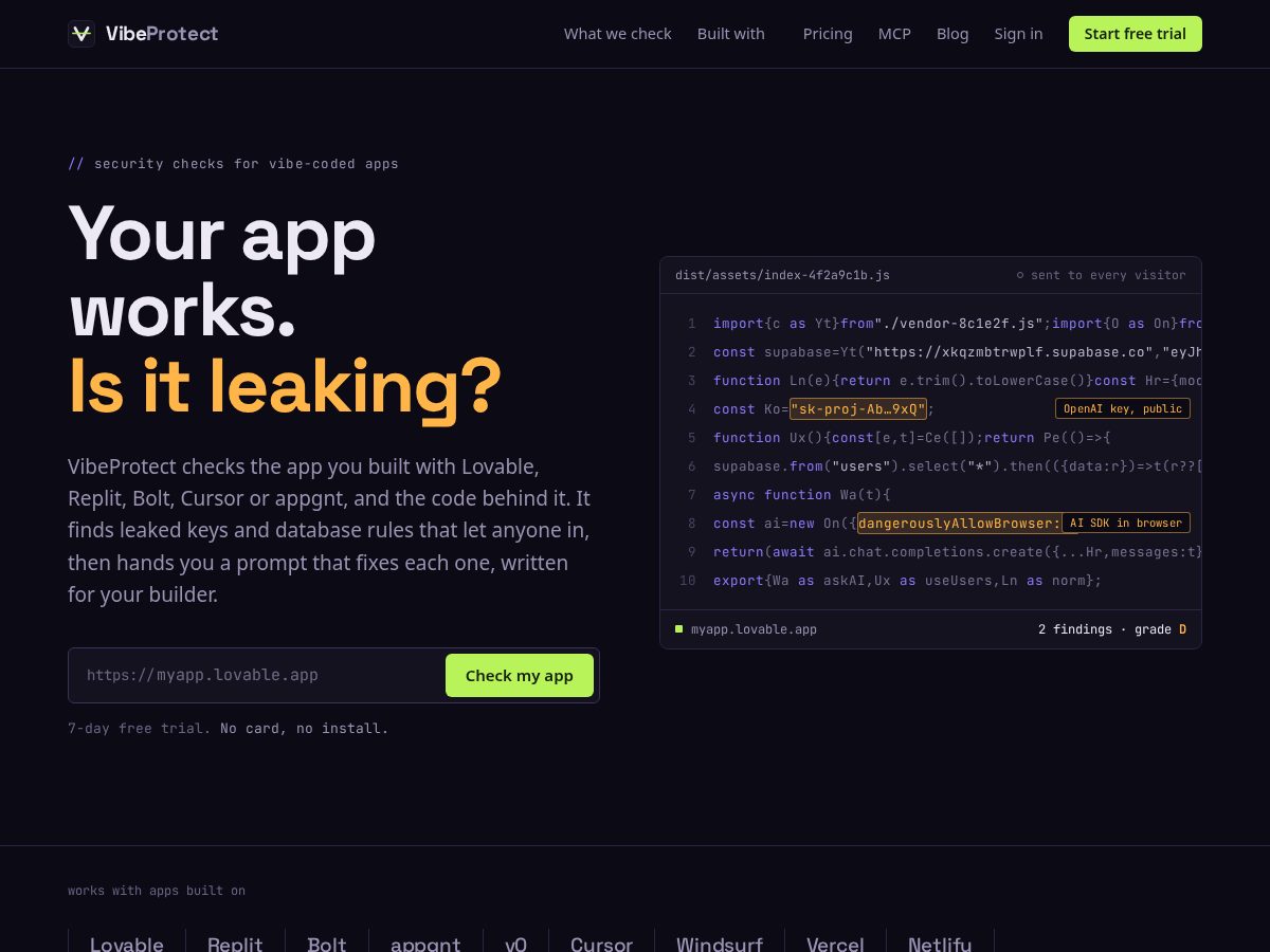 Landing-page snapshot of vibeprotect.dev