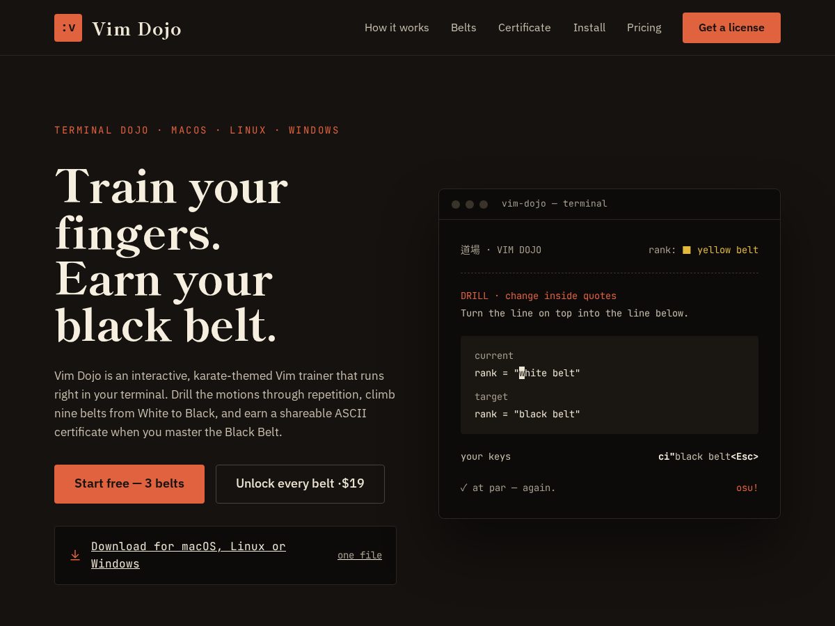 Landing-page snapshot of vim-dojo.com