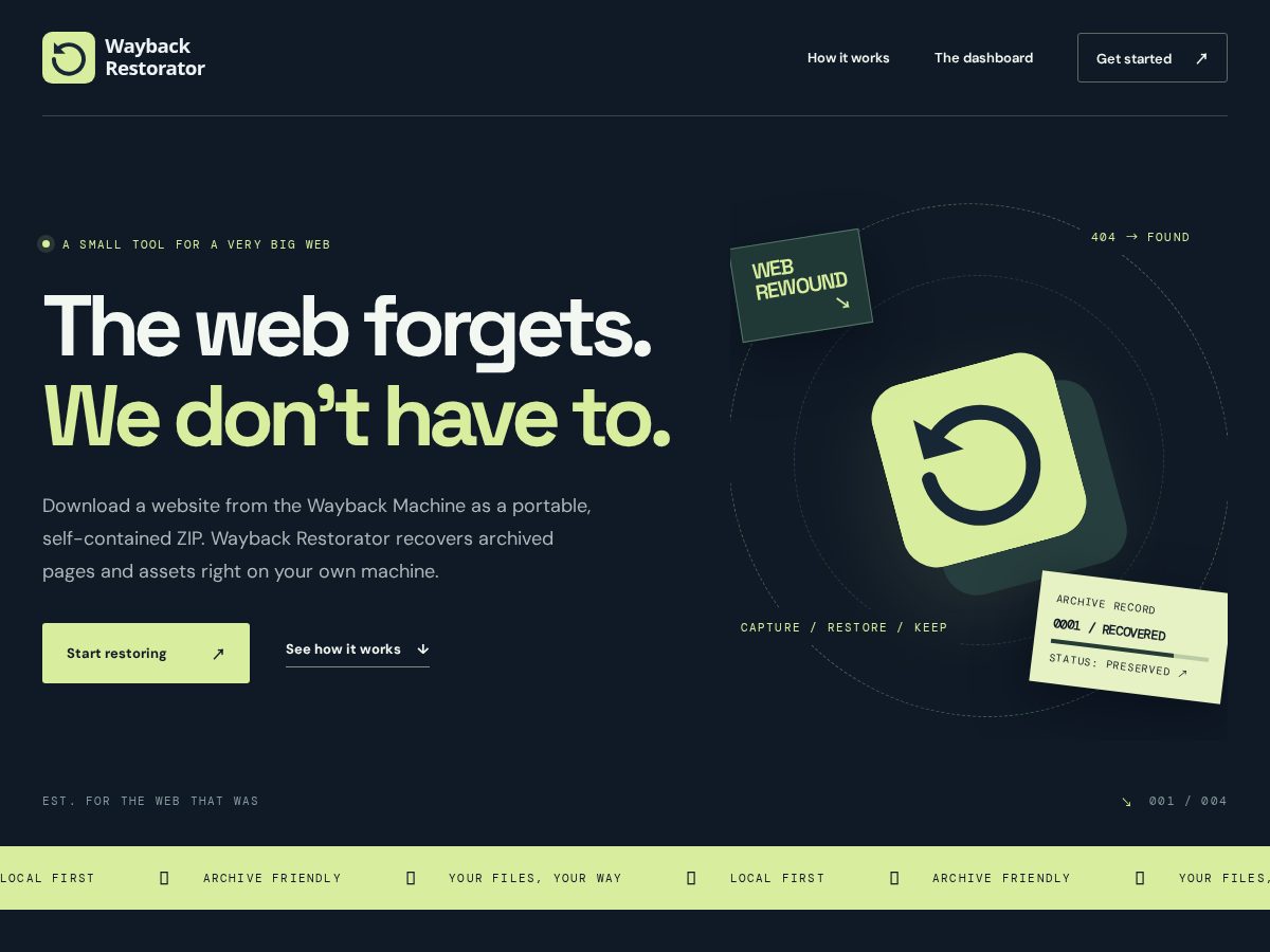 Landing-page snapshot of waybackrestorator.dev