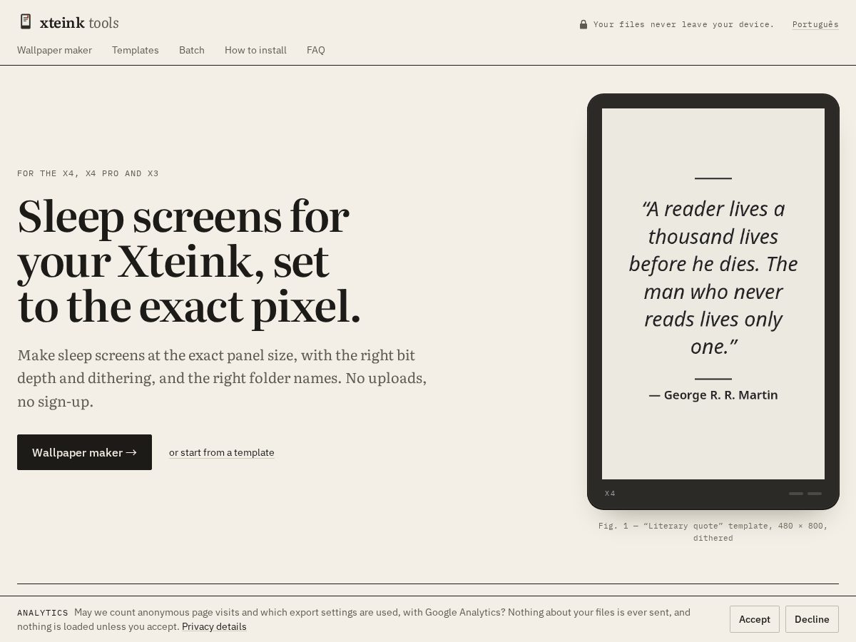 Landing-page snapshot of xteink-tools.com