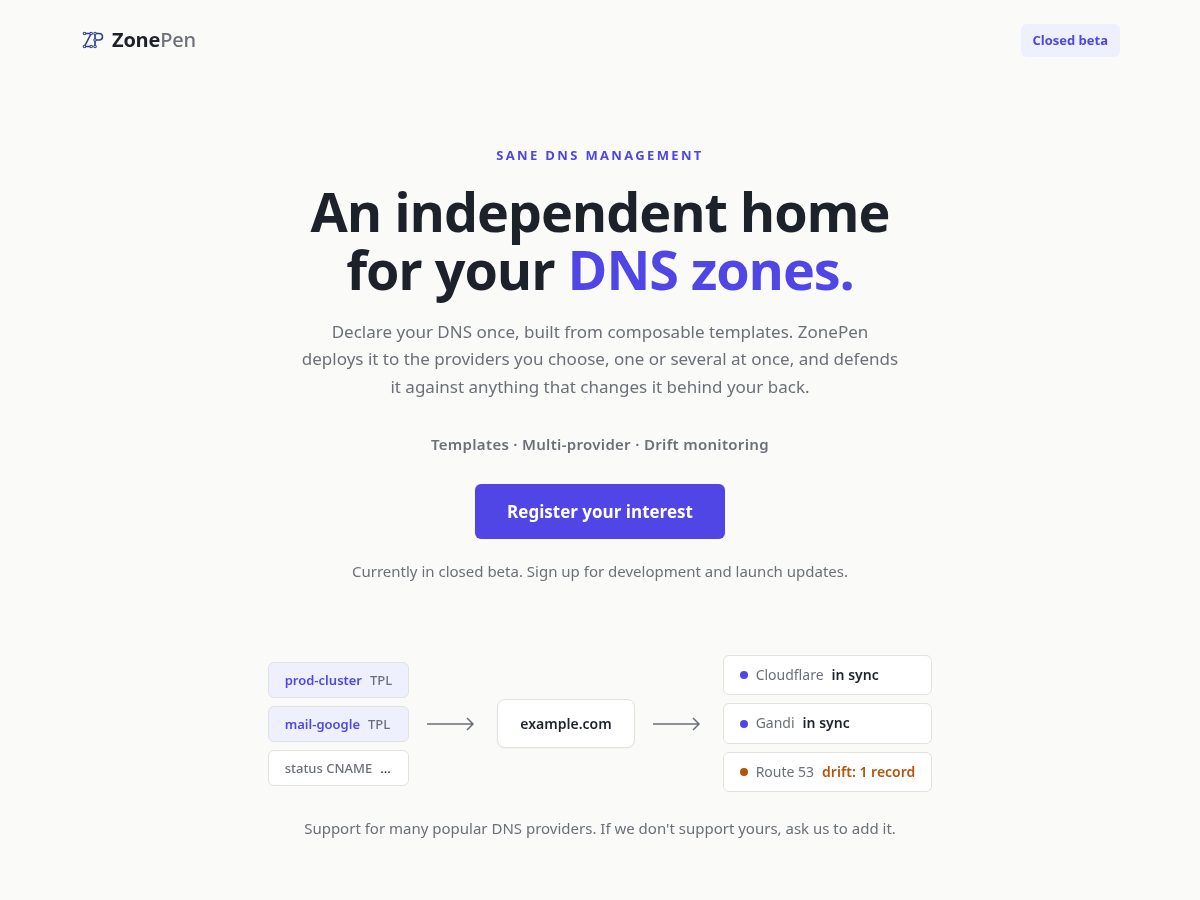 Landing-page snapshot of zonepen.dev