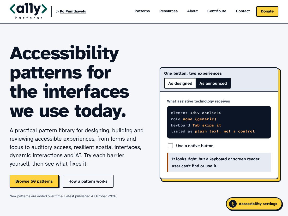 Landing-page snapshot of a11ypatterns.org