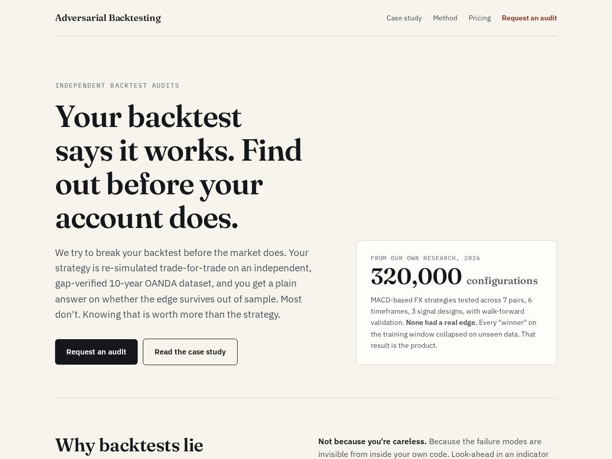 Landing-page snapshot of adversarialbacktesting.com