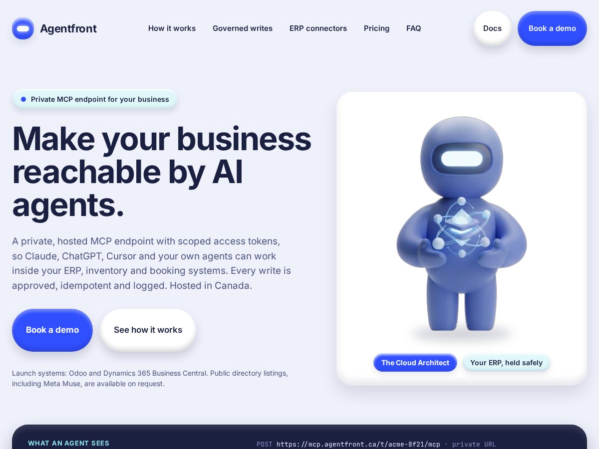 Landing-page snapshot of agentfront.stream