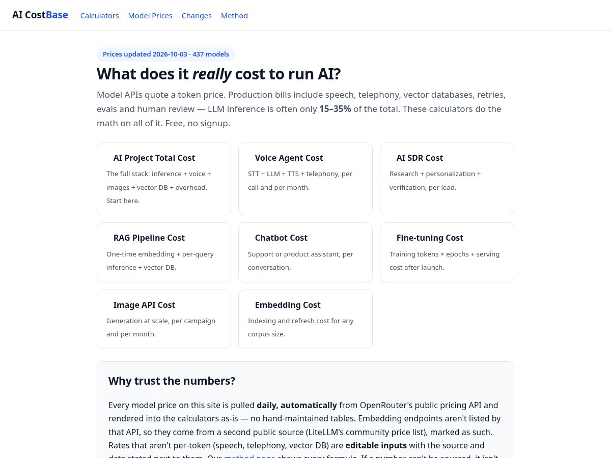 Landing-page snapshot of aicostbase.com
