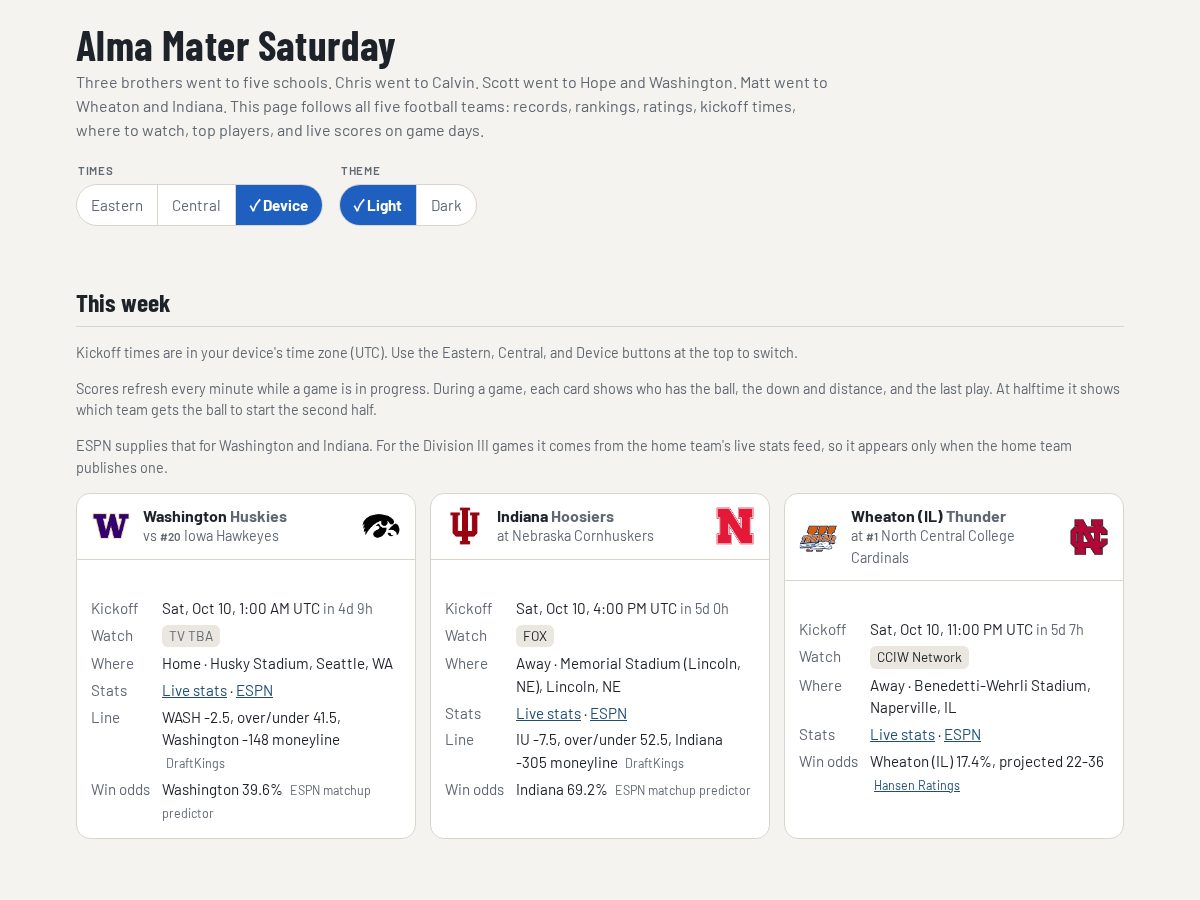 Landing-page snapshot of almamatersaturday.com